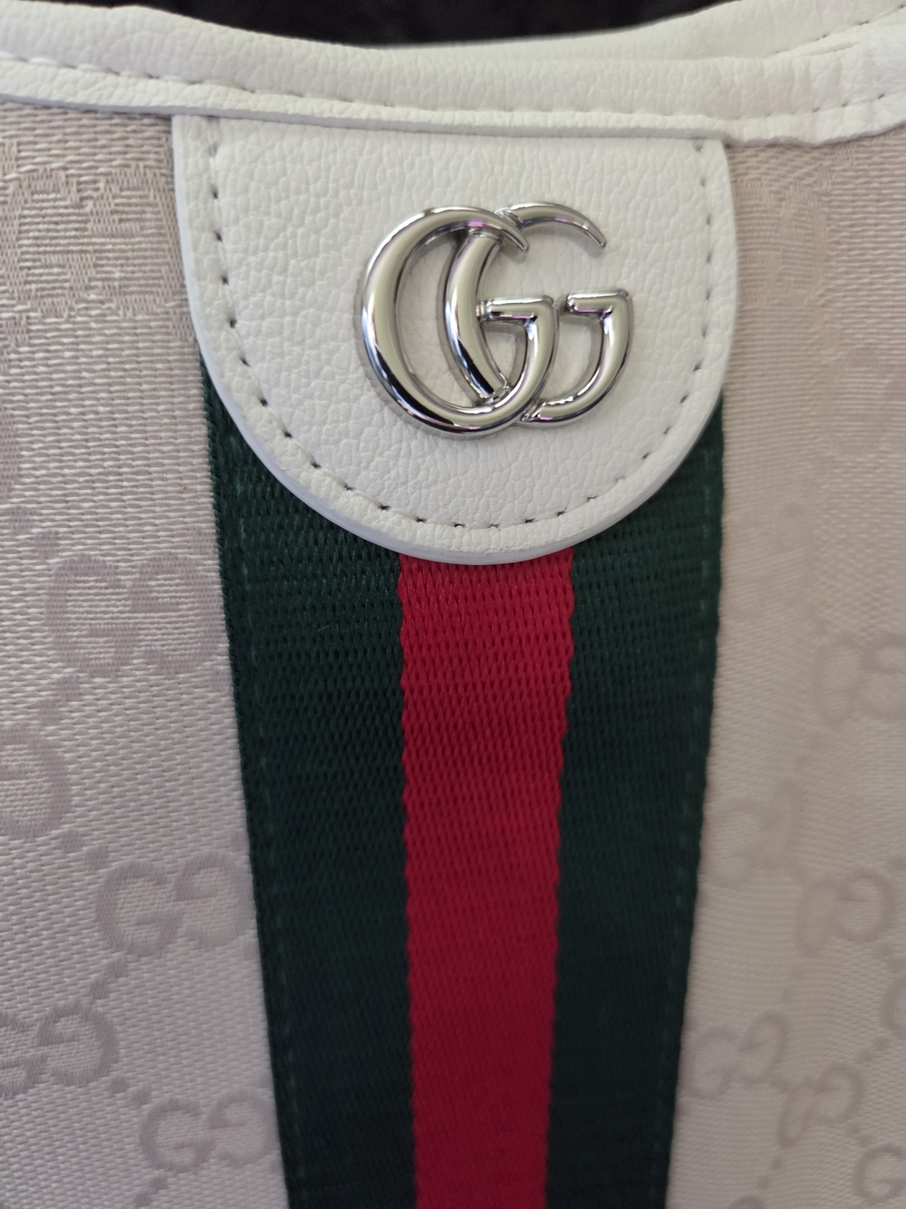 Oversized White Canvas Tote with Signature Web Stripe - Picture 2 of 9